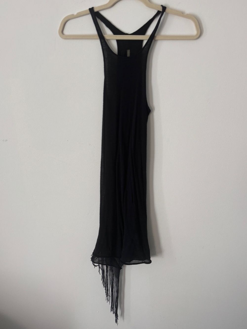 Rick Owens Lilies Black Asymmetrical Fringe Racerback Tank Top Tunic